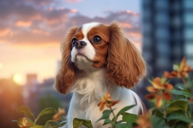 Un chien est assis dans un parterre de fleurs avec le coucher du soleil derrière lui.