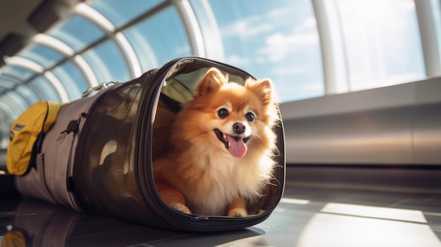 Un chien est assis dans un sac de transport à l'aéroport