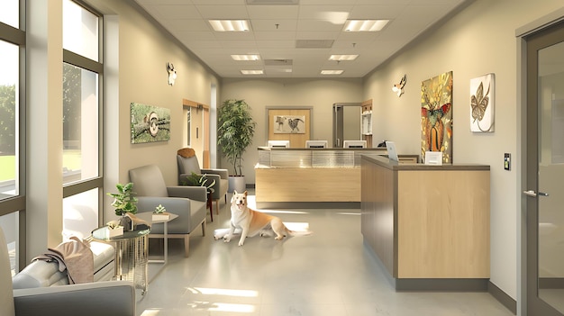 un chien est assis dans une salle d'attente avec une photo d'un chien
