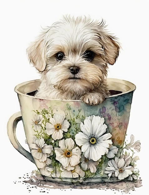 Un chien est assis dans une tasse