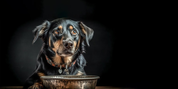 Un chien est assis devant un bol qui dit "nourriture pour chien"