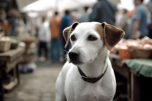 Un chien est assis devant un étal de marché.