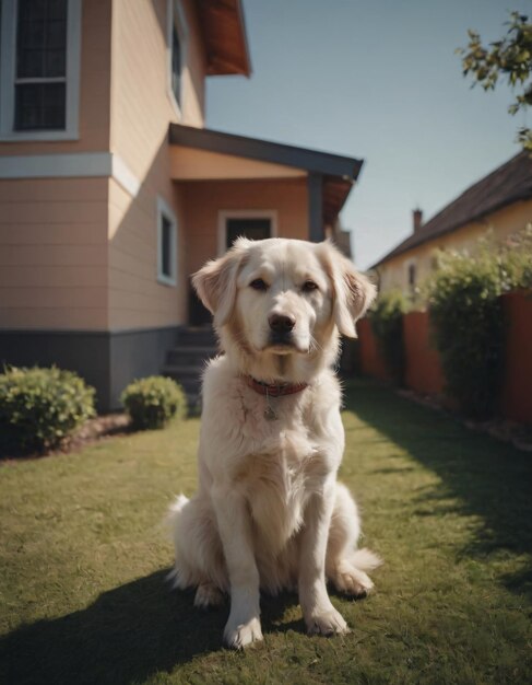 un chien est assis devant une maison avec une maison en arrière-plan