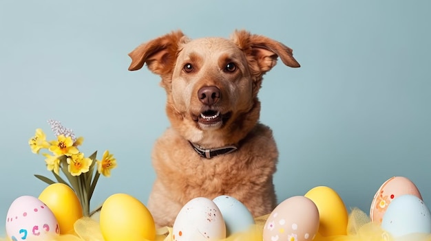 Un chien est assis devant une table avec des œufs de Pâques.