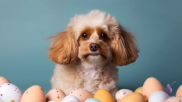 Un chien est assis devant un tas d'œufs de Pâques