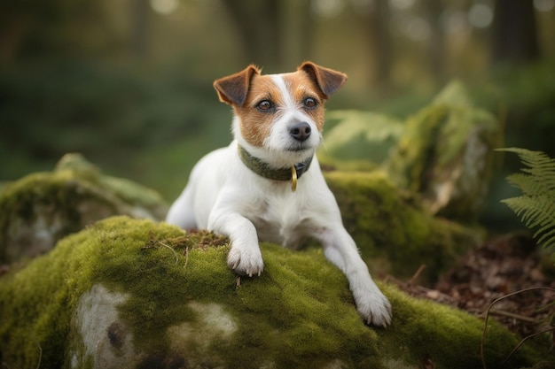 Un chien est assis sur un journal couvert de mousse dans les bois