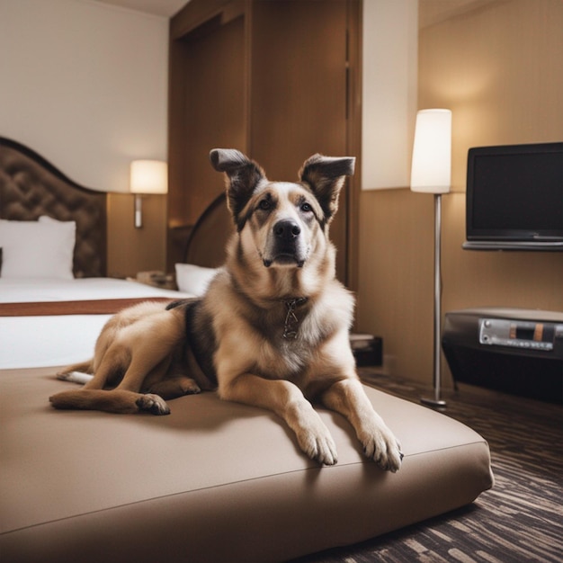 Un chien est assis sur un lit dans le papier peint du salon.