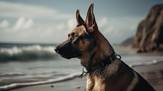 Un chien est assis sur la plage devant un ciel bleu.