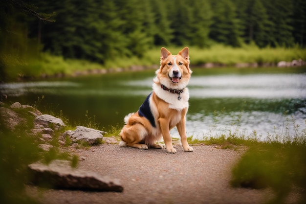 Un chien est assis sur un sentier devant un lac