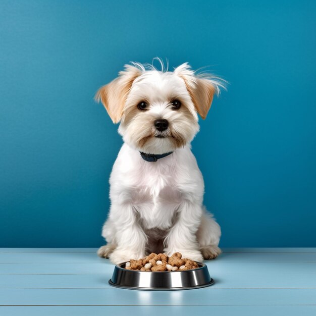 Un chien est assis sur une table bleue avec un bol de nourriture devant lui.