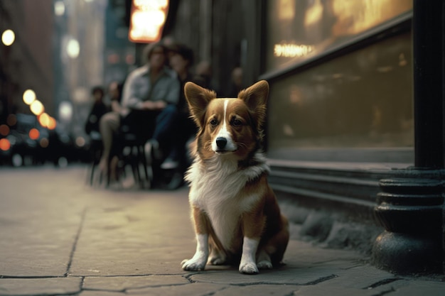 Un chien est assis sur le trottoir devant un magasin appelé le corgi.