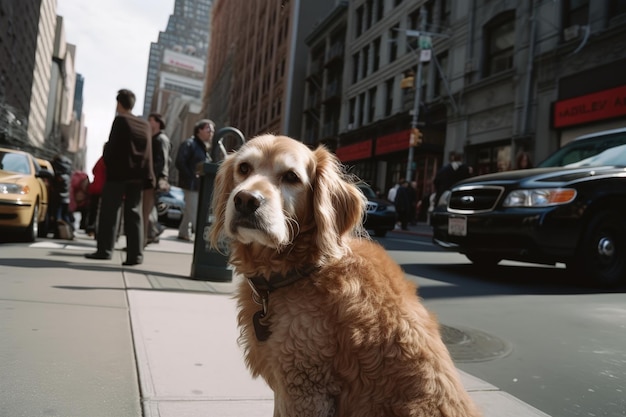 Un chien est assis sur le trottoir devant une voiture