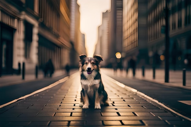 un chien est assis sur un trottoir en ville.