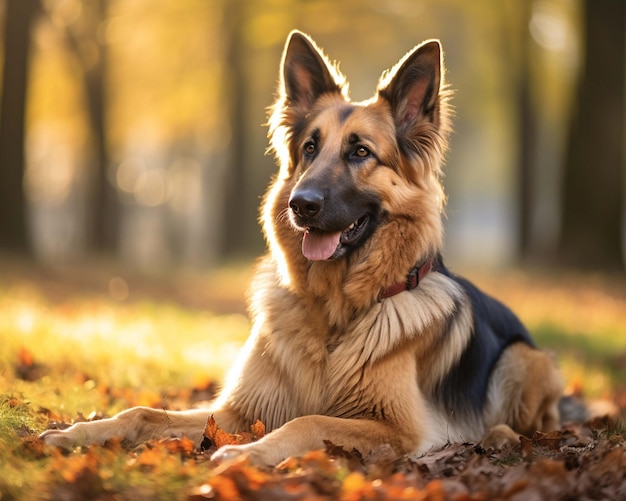 un chien est couché dans les feuilles d'une forêt.