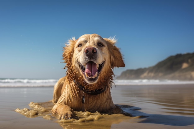 Un chien est couché dans le sable sur une plage.