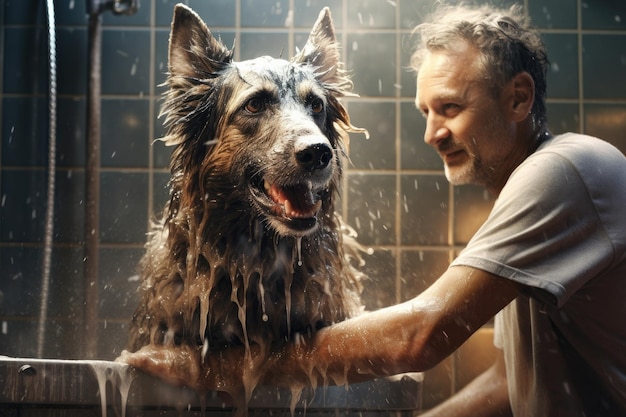 un chien est lavé par un homme