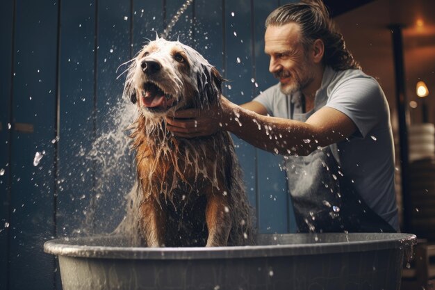 un chien est lavé par un homme