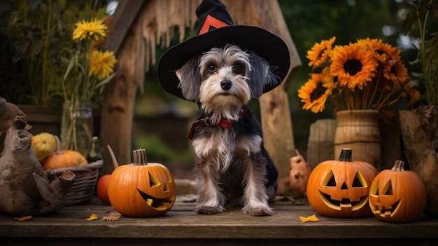 Le chien est prêt pour Halloween dans le jardin.