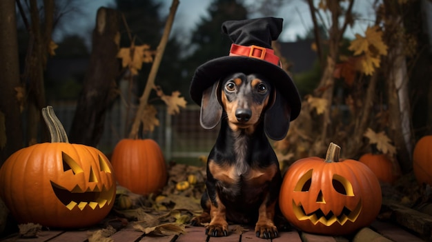 Le chien est prêt pour Halloween dans le jardin.