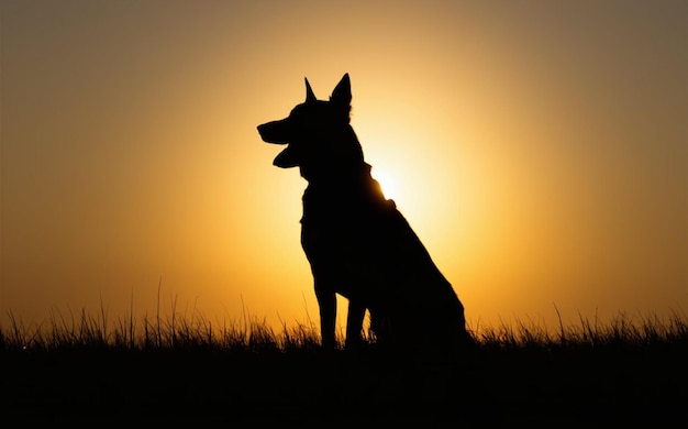 un chien est silhouetté contre un ciel au coucher du soleil