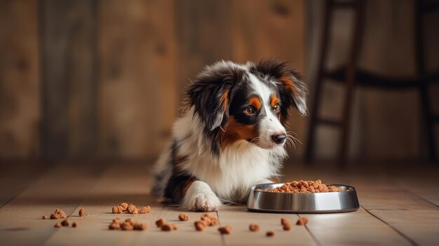 Le chien est sur le sol avec de la nourriture qui est dans le bol à l'arrière-plan en bois à l'intérieur