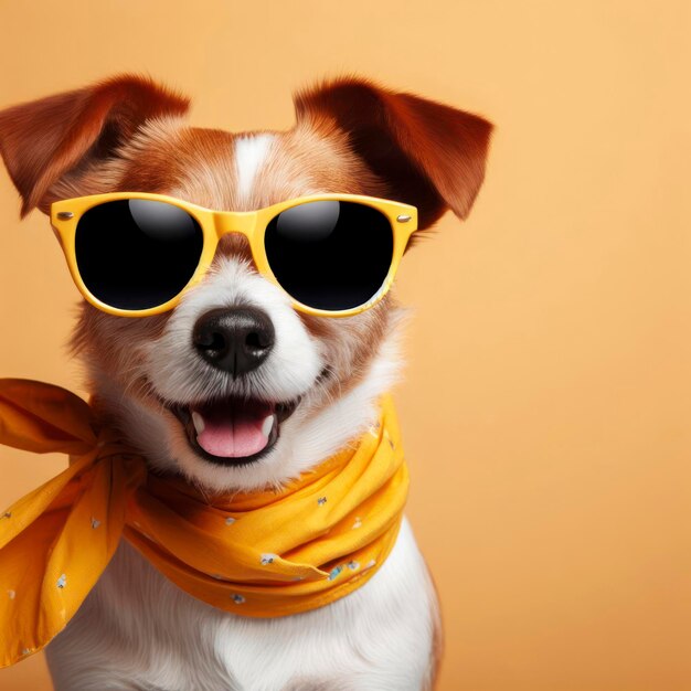 Chien d'été portant des lunettes de soleil jaunes et un foulard ai génératif