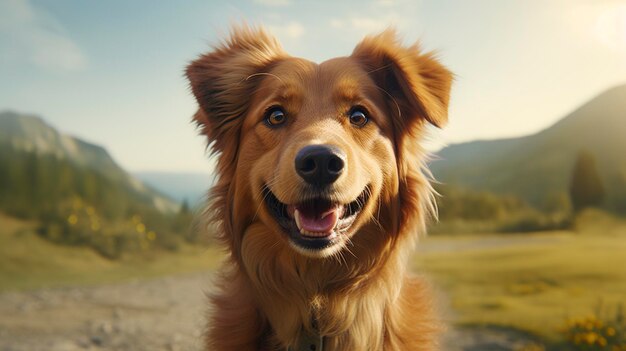 un chien avec une étiquette qui dit heureux sur lui