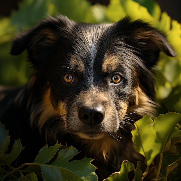 Un chien avec une face noire et brune et une bande blanche sur la face.