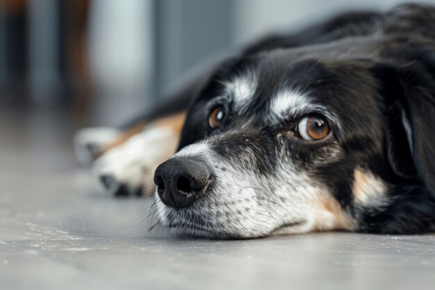 Le chien fait une drôle de grimace allongé sur le sol à la maison.