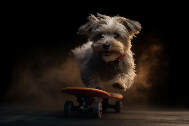 Un chien fait du skateboard avec la langue tirée