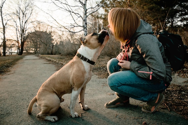 Photo un chien avec une femme dans la rue.