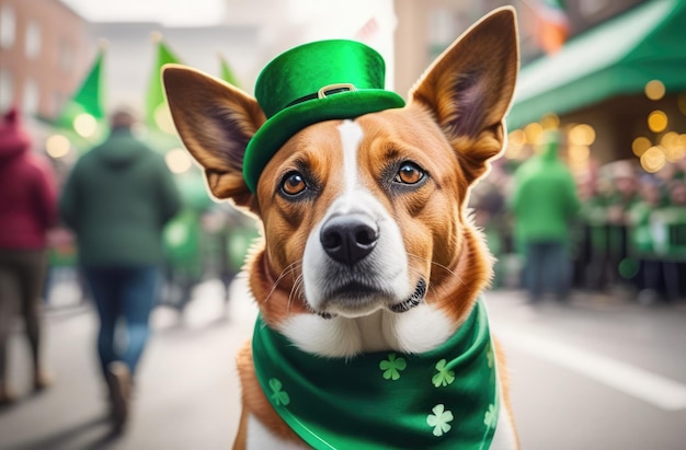 Un chien festif dans un bandana de la fête de Saint Patrick avec un fond défoulé d'un espace extérieur animé