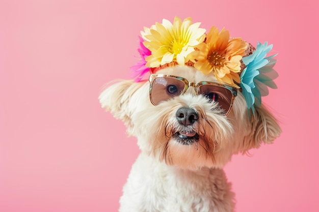 Un chien de fête drôle portant un chapeau d'été coloré et des lunettes de soleil élégantes à fond rose