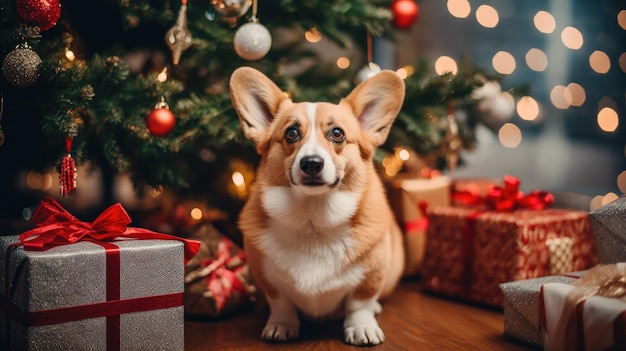 Le chien fête Noël à la maison dans l'appartement dans le contexte d'un arbre de Noël avec des boîtes de cadeaux générés par le Nouvel An ai