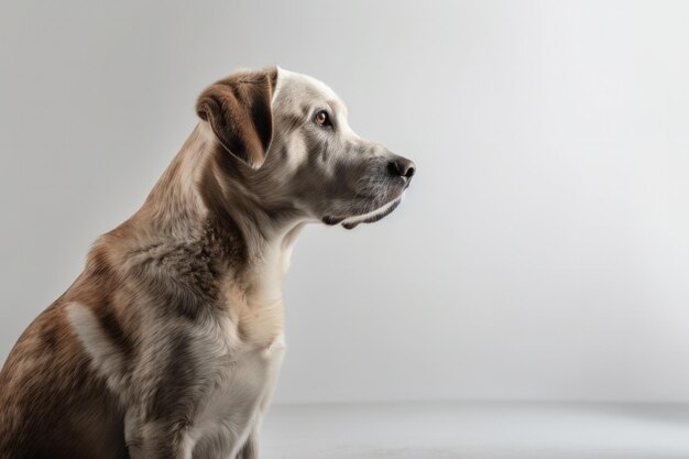 Chien fidèle et loyal assis sur fond de studio blanc