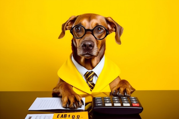 Photo chien finance animale finance humour mathématique animal de compagnie drôle fond jaune affaires ia générative