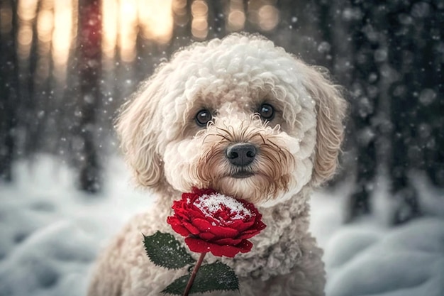 Chien avec une fleur dans la neige