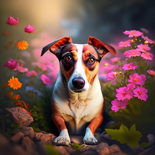 Chien avec des fleurs AI