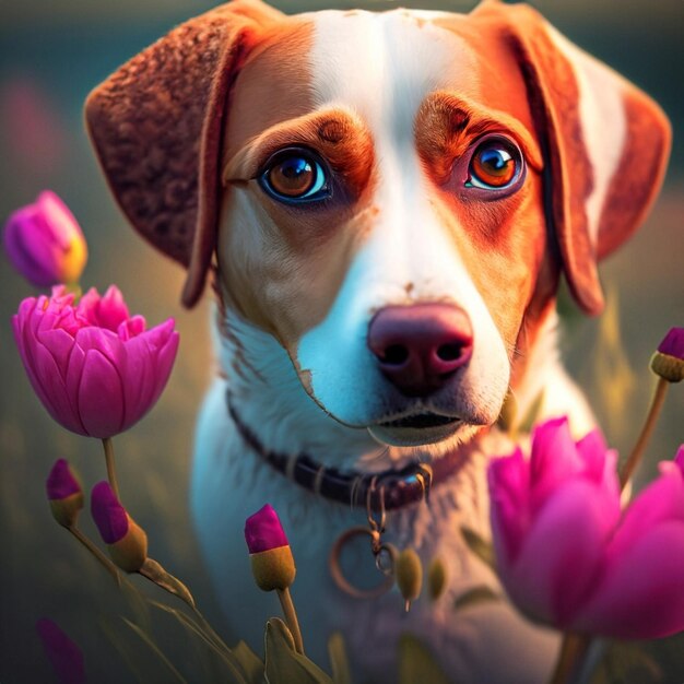 Chien avec des fleurs AI