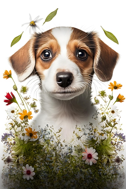 Un chien avec des fleurs dessus