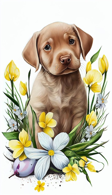 Un chien en fleurs avec des fleurs jaunes