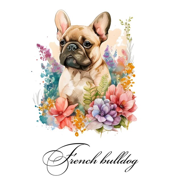 Un chien avec des fleurs et le mot bouledogue français