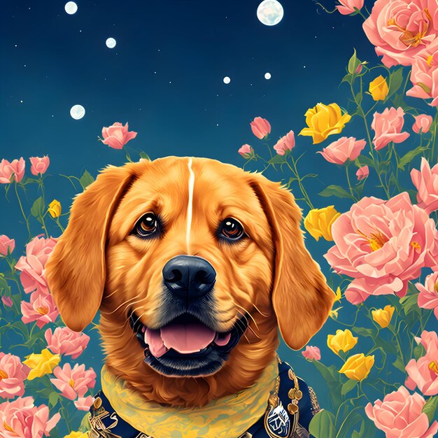 Photo un chien avec des fleurs roses