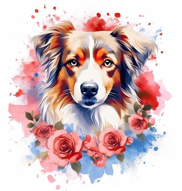 Un chien avec des fleurs rouges et bleues dessus