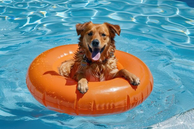 Chien flottant dans la piscine dans un anneau gonflable en vacances d'été Pet mignon en promenade