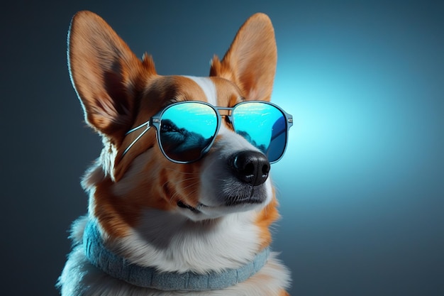 Un chien avec un fond bleu et un corgi rouge au milieu