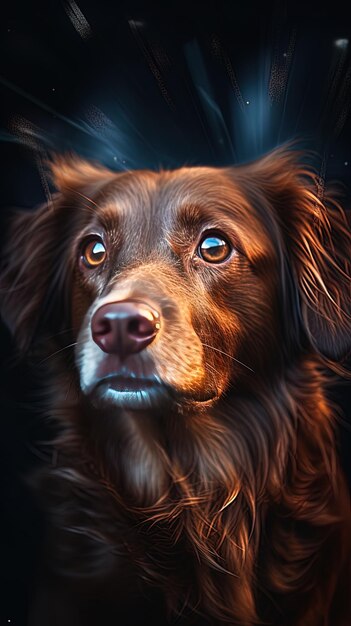 un chien avec un fond bleu et un fond noir avec une lumière bleue derrière.