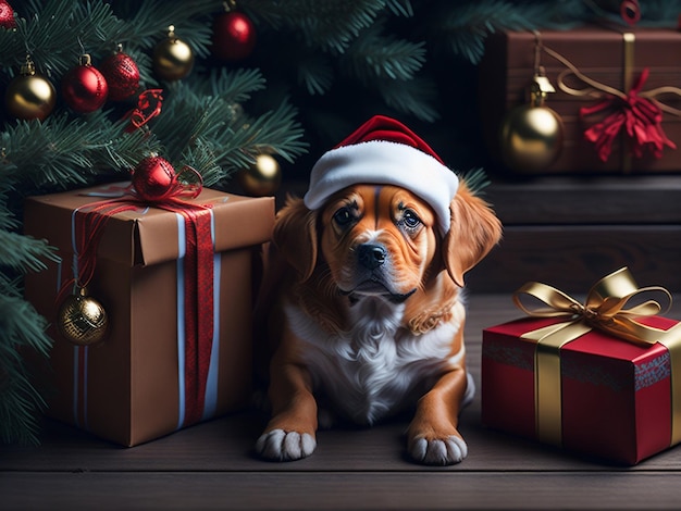 un chien et un fond de cadeaux de Noël