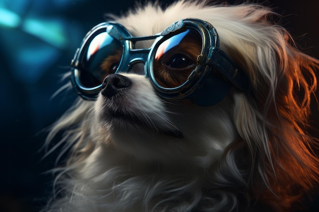 Chien en fourrure avec des lunettes dorées style fantaisie photoréaliste génération dieselpunk ai