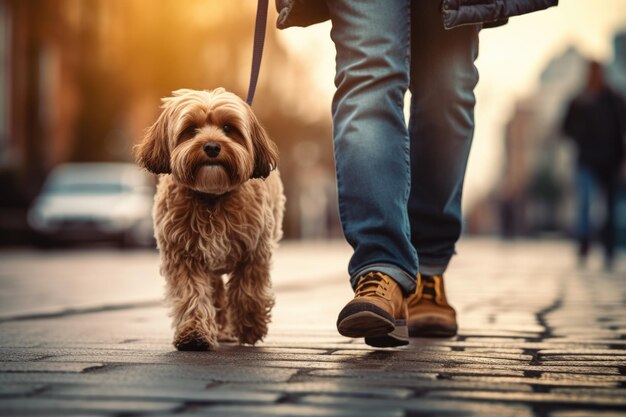 Chien de garde d'animaux marchant avec un propriétaire méconnaissable dans un passage pour piétons de la rue généré par l'IA